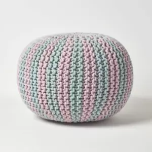 Image of HOMESCAPES Pink and Blue Knitted Pouffe Striped Footstool 40 x 50cm - Pastel Blue & Pink
