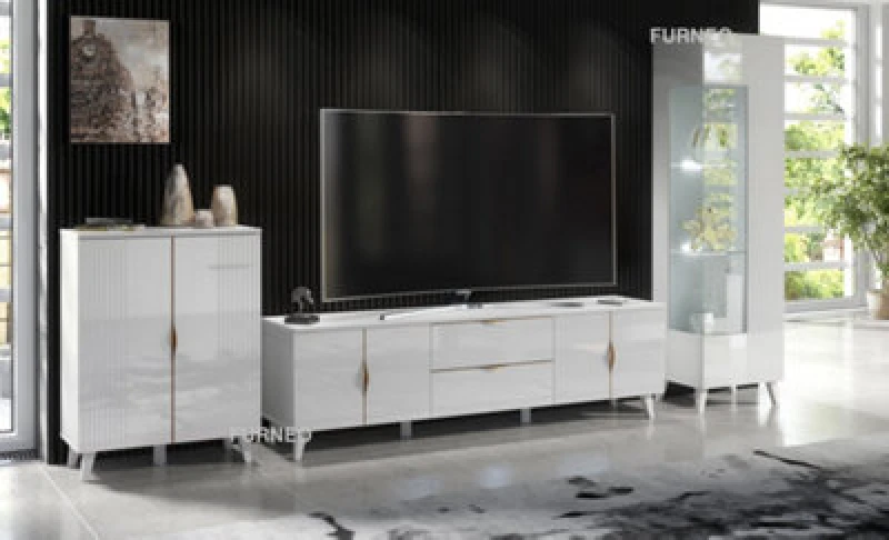 Image of Furneo High Gloss & Matt White Living Room Set TV Stand Display Cabinet Sideboard Azzurro 10/12/14 White LED Lights