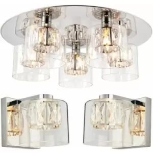 Image of Loops - 5 Bulb Ceiling Lamp & 2x Matching Wall Mount Light Round Chrome & Crystal Glass