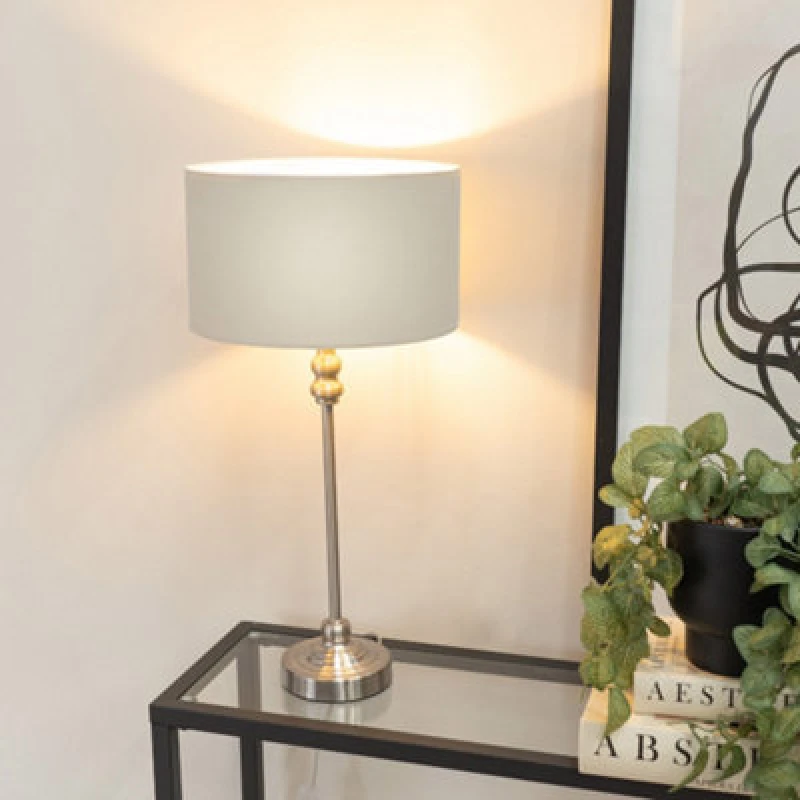 Image of ValueLights Maggie Brushed Chrome Candlestick Table Lamp with Fabric Drum Shade and LED Bulb Grey