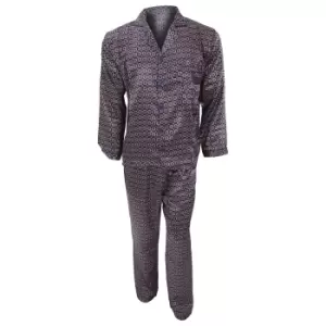 Image of Mens Traditional Patterned Long Sleeve Satin Shirt & Bottoms Pyjamas/Nightwear Set (XL Chest: 44inch) (Navy)