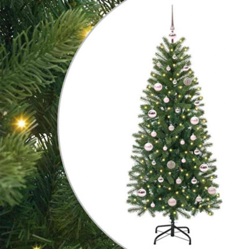 Image of vidaXL Artificial Christmas Tree with 150 LEDs, Pink Balls Green 150 x 75cm PE and PVC, Green 3397343