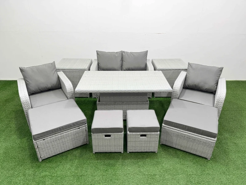 Image of Fimous 10 PCs Rising Dining Table Set Reclining Chair Inclining Love Sofa in Light Grey Light Grey Unisex