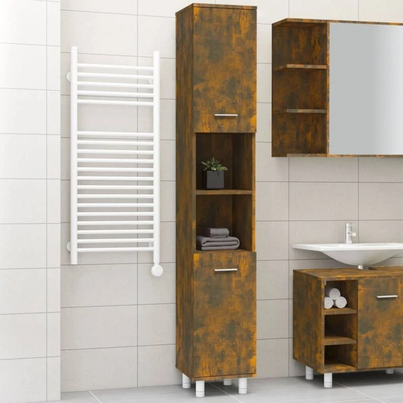 Image of Vidaxl Bathroom Cabinet Smoked Oak 30X30X179cm Engineered Wood, Brown 825831