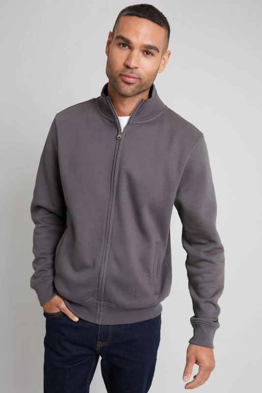 Image of Threadbare Threadbare Men 'Lynne' Funnel Neck Zip Through Sweatshirt in Dark Grey Size: Medium Dark Grey M Male 7625914452276