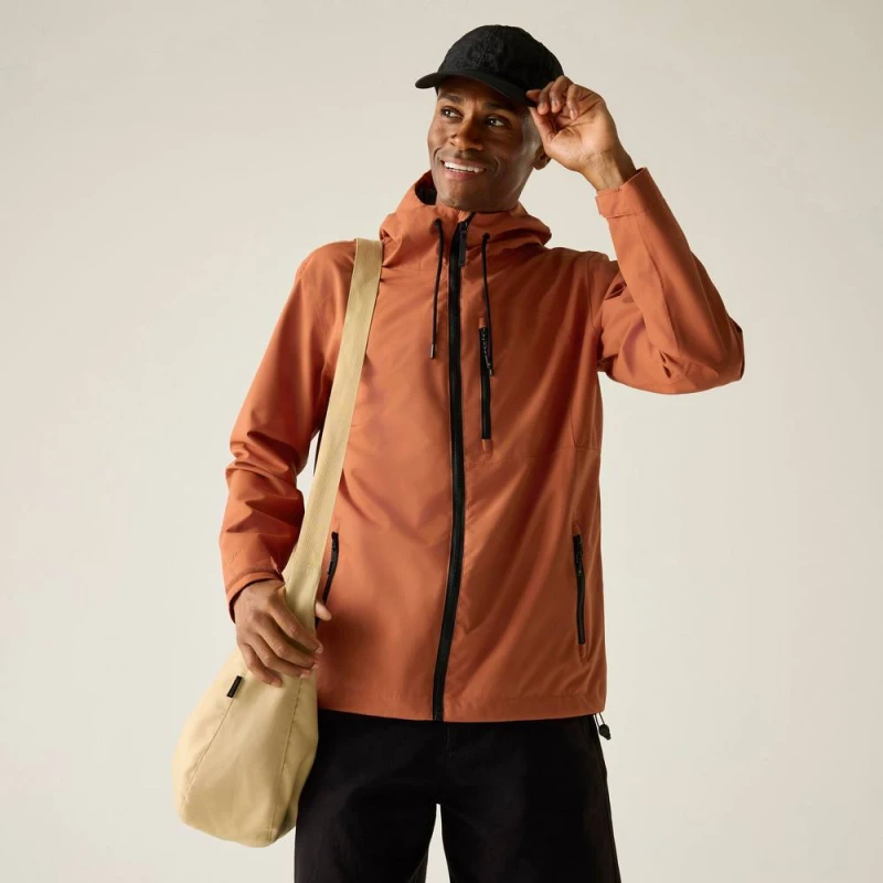 Image of Regatta Mens Frankie Lighweight Hooded Waterproof Jacket in Burnt Orange Size: Large Burnt Orange Male L