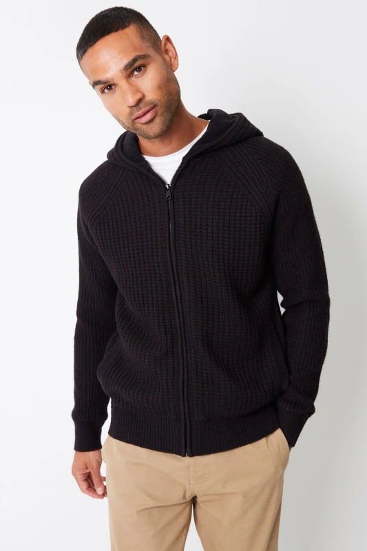 Image of Threadbare Threadbare Men 'Kirkstone' Zip-Up Knitted Hoodie with Microfleece Lining in Black Size: Medium Black M Male 7625914310873