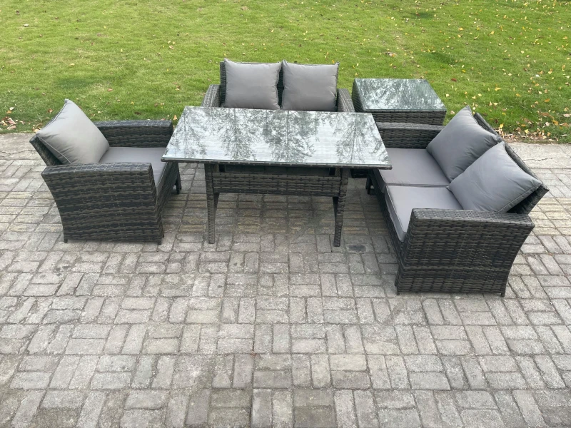 Image of Fimous Wicker Rattan Garden Dining Set Outdoor Furniture Sofa with Dining Table Double Seat Sofa Side Table Dark Grey Mixed Dark Grey Unisex