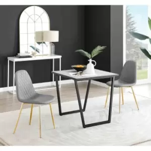 Image of Furniture Box Carson White Marble Effect Square Dining Table and 2 Grey Corona Gold Leg Chairs