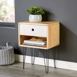 Image of Genoa - Retro Wooden Side Table or Bedside Cabinet 1 Drawer Storage Unit Metal Legs - Multicoloured