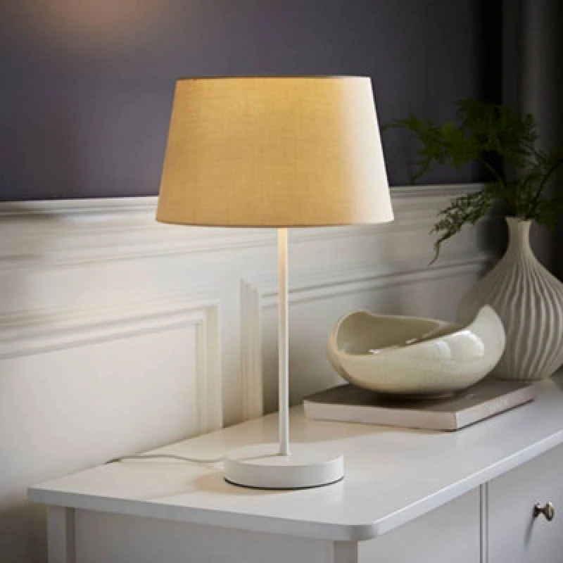 Image of ValueLights Charlie White Metal Single Stem Table Lamp with Fabric Tapered Lamp Shade Beige