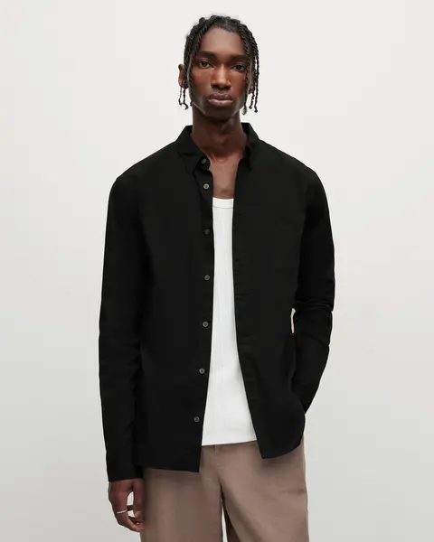 Image of AllSaints Mens Cotton Slim Fit Hawthorne Stretch Shirt, Black, Size: M