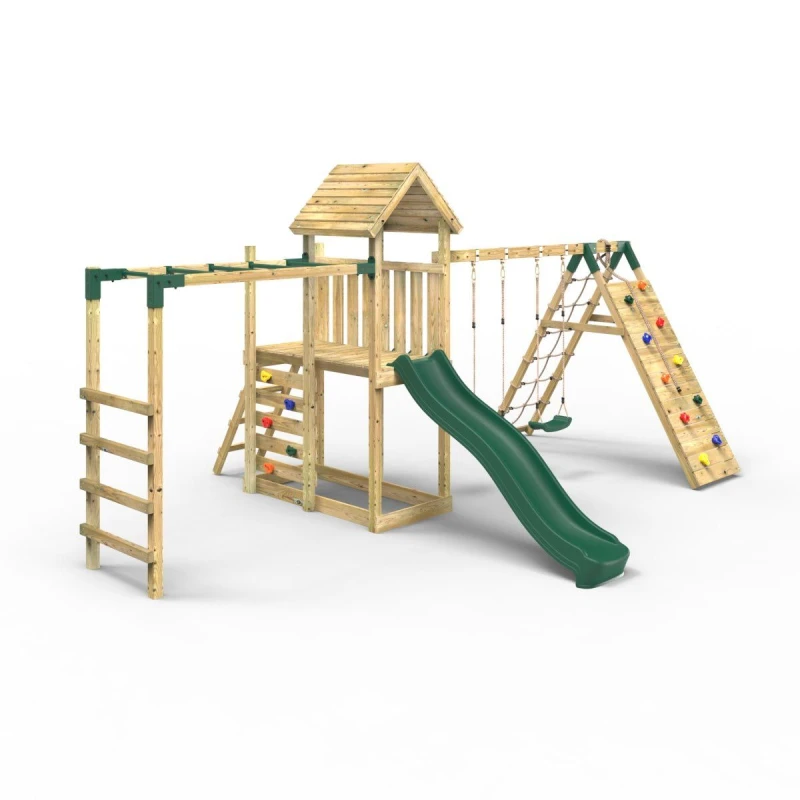 Image of OutdoorToys Extended Tower Garden Wooden Climbing Frame with Swings & Slide for Kids - Dolomite in Beige Beige Unisex