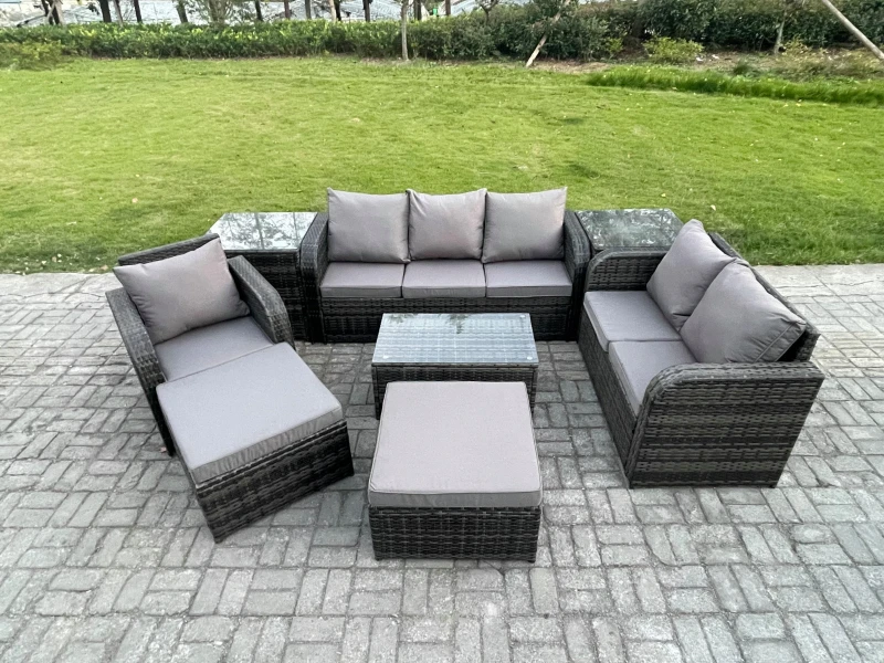Image of Fimous Outdoor Garden Furniture Sets 8 Pieces Wicker Rattan Furniture Sofa Sets with Rectangular Coffee Table Loveseat Sofa Footstool 2 Side Tables Da