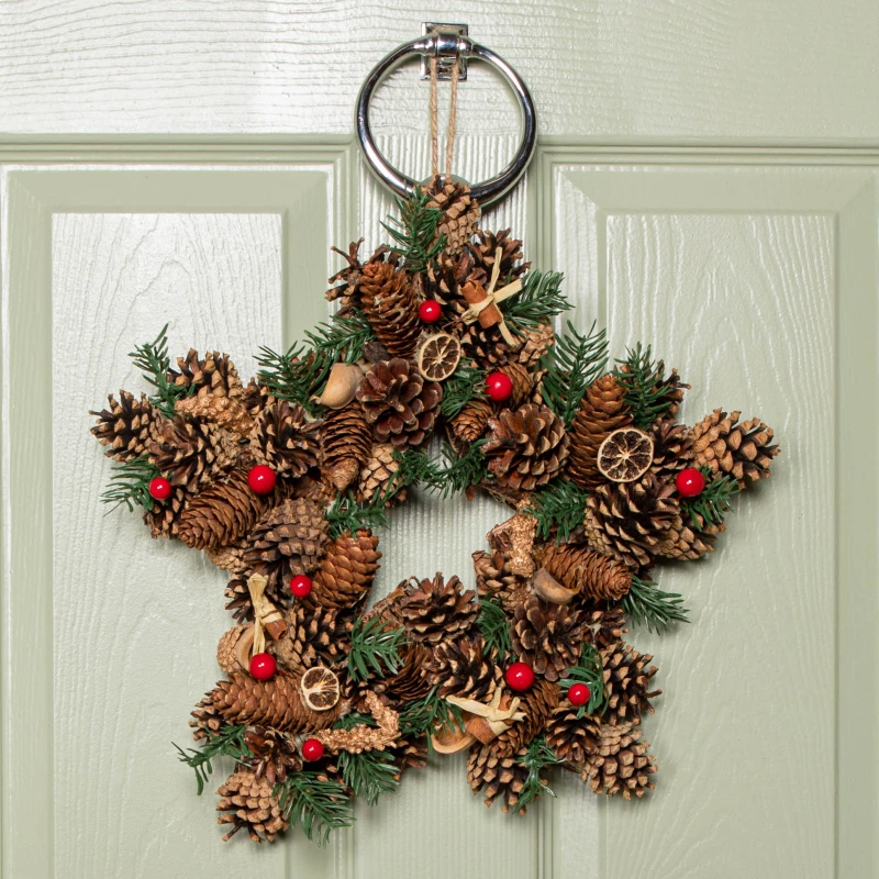 Image of 35cm Winter Spice Star Hanging Christmas Wreath with Pine Cones Red Berries & Dried Fruit