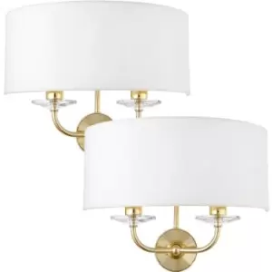 Image of 2 PACK Dimmable Twin Wall Light Brass Glass White Fabric Shade Curved Arm Lamp