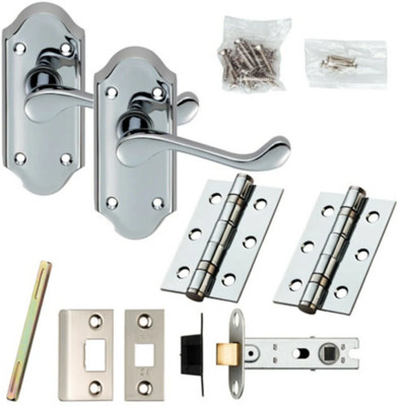Image of Loops Door Handle & Latch Pack Chrome Victorian Scroll Lever Small Plate 112 x 48mm Multi