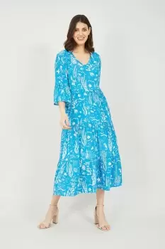 Image of Blue Sealife Print Midi Dress
