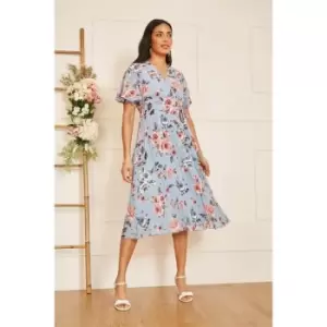 Image of Yumi Blue Floral Pleated Wrap Midi Dress - Blue