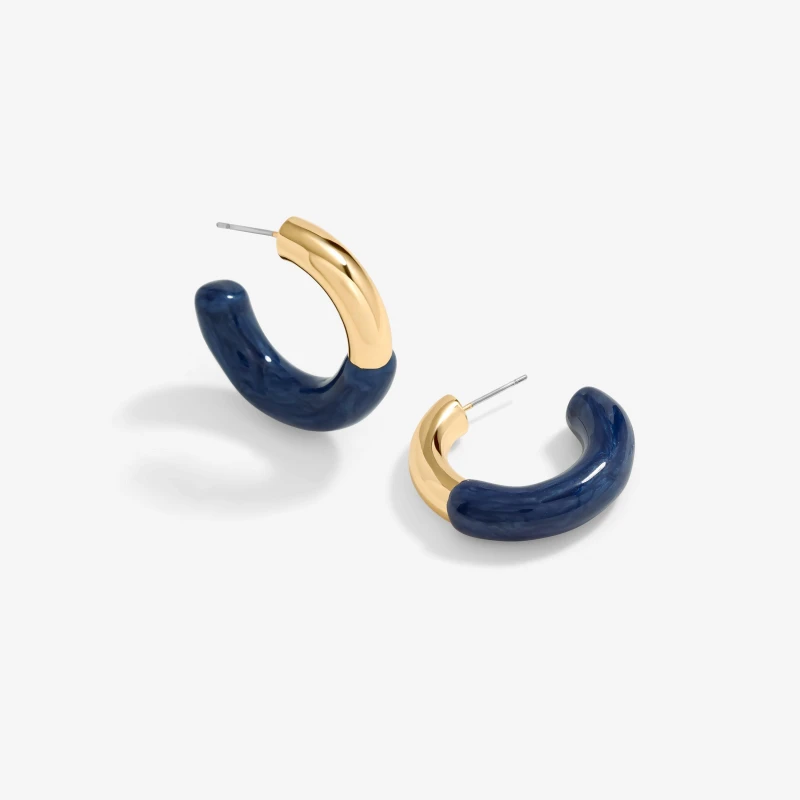 Image of Mood Gold Blue Half Enamel Hoop Earrings Gold