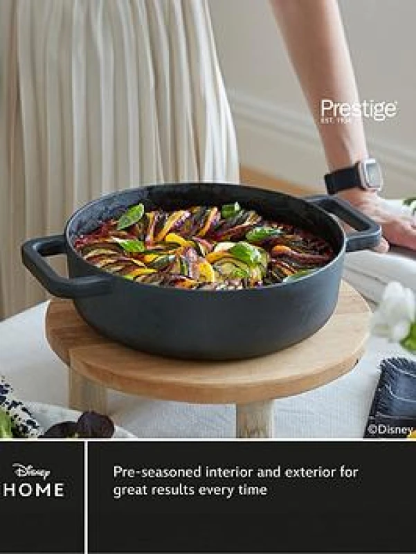 Image of Disney Monochrome Mickey Mouse Cast Iron Shallow Casserole with Lid - 24cm Black
