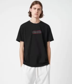Image of AllSaints Mens Stamp Laminate Crew T-Shirt, Jet Black, Size: XS