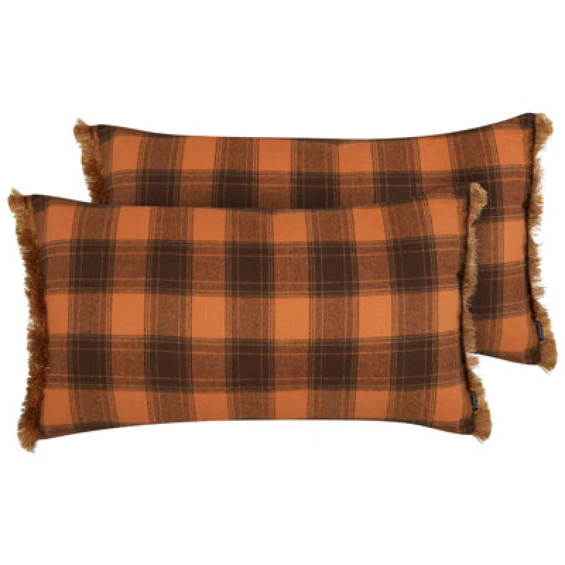Image of Beliani Set Of 2 Decorative Cushions Barja 40 X 70 Cm Orange Checked