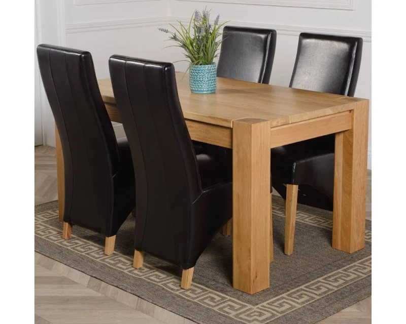 Image of Thats Furniture Kuba 150 x 85cm Chunky Medium Oak Dining Table & 4 Lola Leather Chairs in Black Unisex 150 x 85 cm