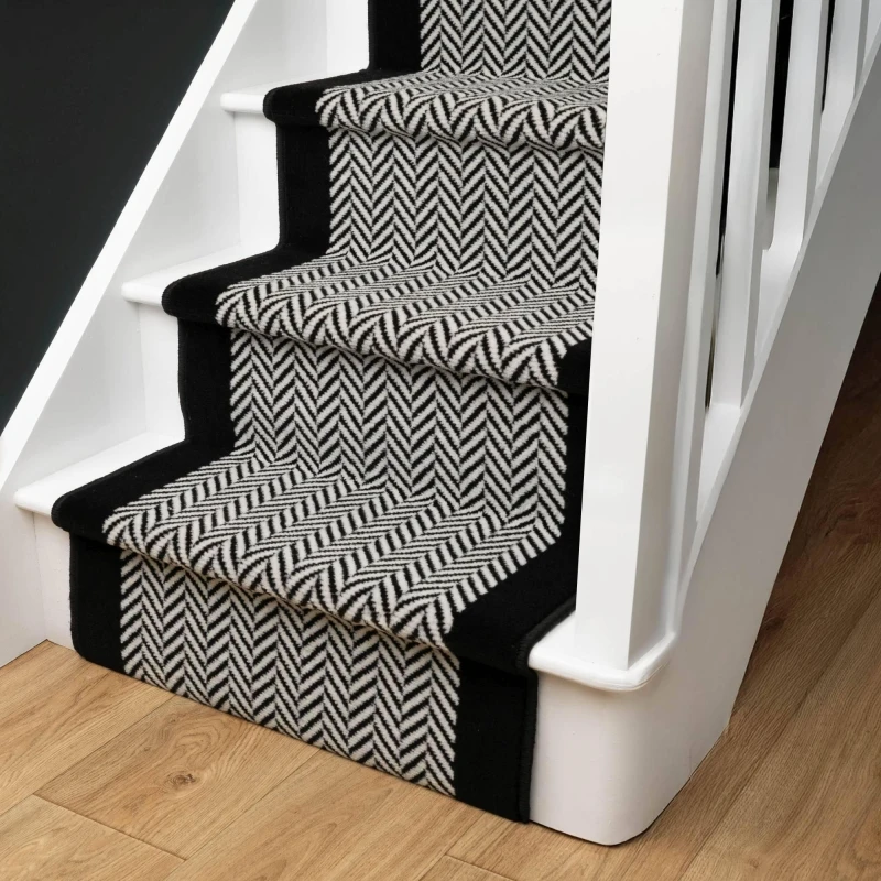 Image of Homemaker Maestro Herringbone Border Edge Mono Stair Runner 67X600Cm, Black HBONEMONO60600