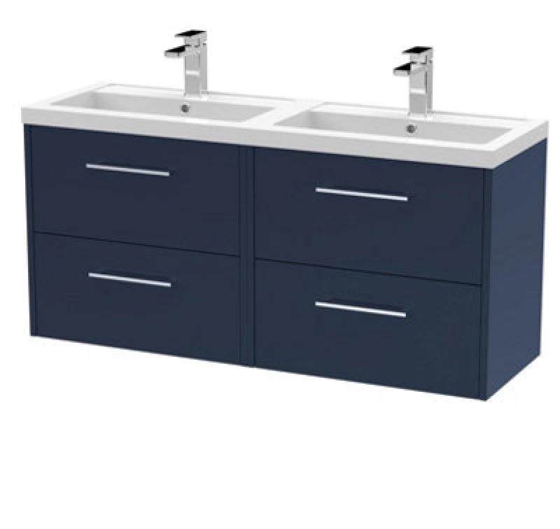 Image of Hudson Reed Juno 1200mm Wall Hung Midnight Blue 4-Drawer Double Basin Vanity Unit-Midnight Blue