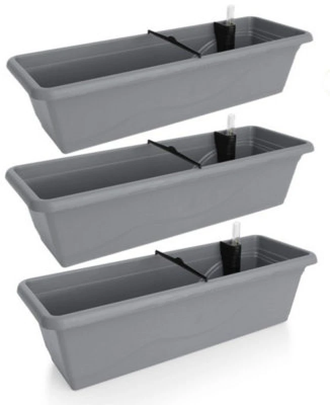Image of Swift Set Of 3X 600mm - Self-Watering Planters, Troughs, Flowerpots For Balconies - With Vermiculite - W60 D21 H17Cm,12.4L - Stone Grey