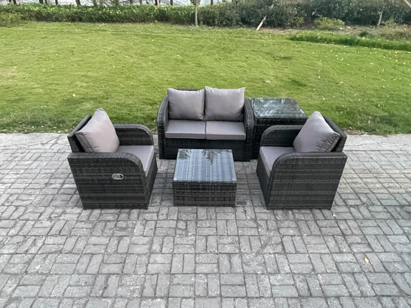 Image of Fimous Wicker PE Rattan Garden Furniture Set Outdoor Lounge Sofa Set with Love Sofa Coffee Table Side Table Dark Grey