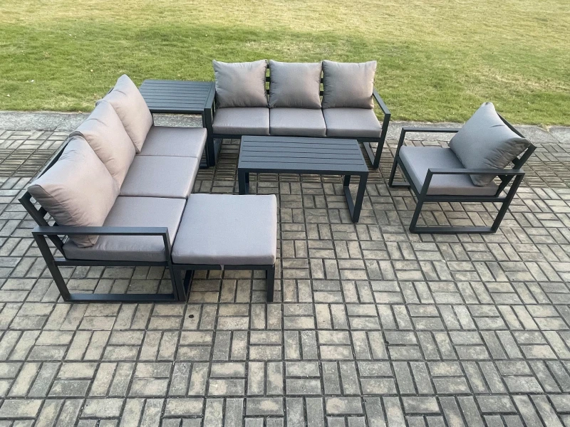 Image of Fimous Aluminium 8 Seater Garden Furniture Outdoor Patio Sofa Set with Rectangular Coffee Table Armchair Big Footstool Side Table in Dark Grey Dark Gr