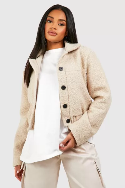 Image of Textured Wool Look Button Crop Jacket