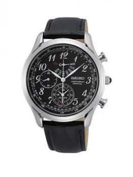 Image of Seiko Seiko Black And Silver Detail Chronograph Dial Black Leather Strap Mens Watch