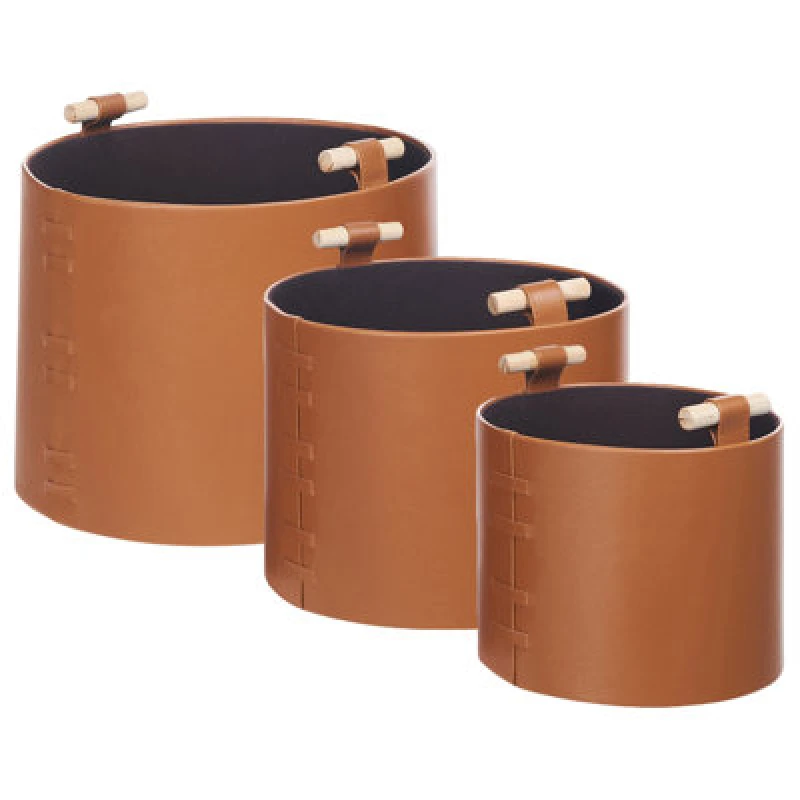 Image of Beliani Set Of 3 Baskets Aram Faux Leather Brown