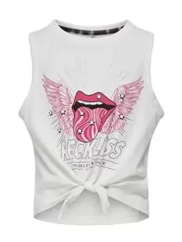 Image of Only Kids Girls Reckless Tie Front Sleeveless T-Shirt - Cloud Dancer, White, Size Age: 9-10 Years, Women
