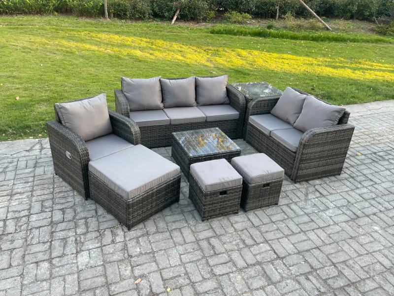 Image of Fimous Rattan Garden Furniture Set With Table Sofa Square Coffee Table Reclining Chair Love seat sofa Side 3 Seater Sofa 3 Footstools Dark Grey