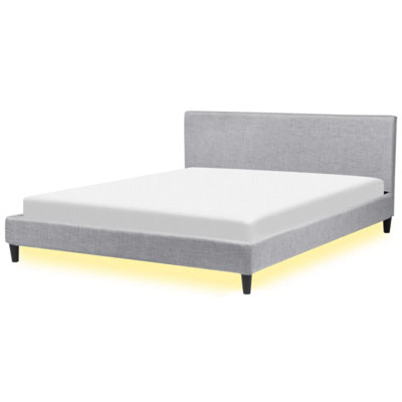 Image of Beliani Bed With LED Fabric Fitou 180 X 200 Cm (Eu Super King) Light Grey