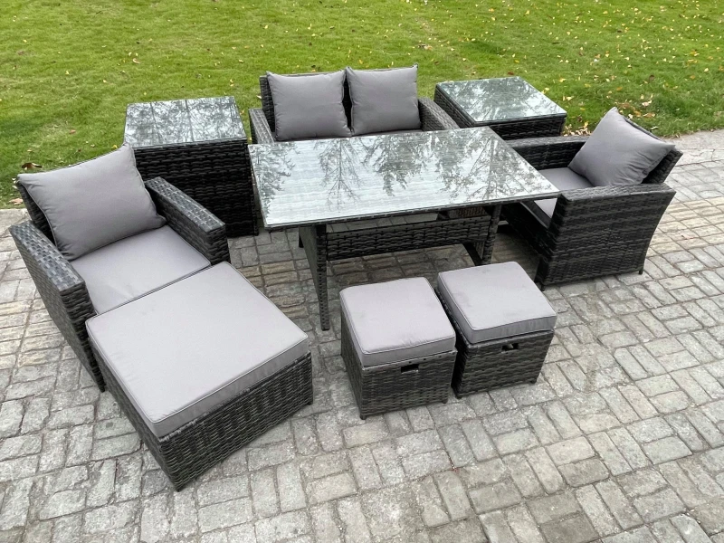 Image of Fimous 7 Seater PE Wicker Outdoor Garden Furniture Set Patio Furniture Rattan Rectangular Dining Table Lounge Sofa in Dark Grey Dark Grey Unisex