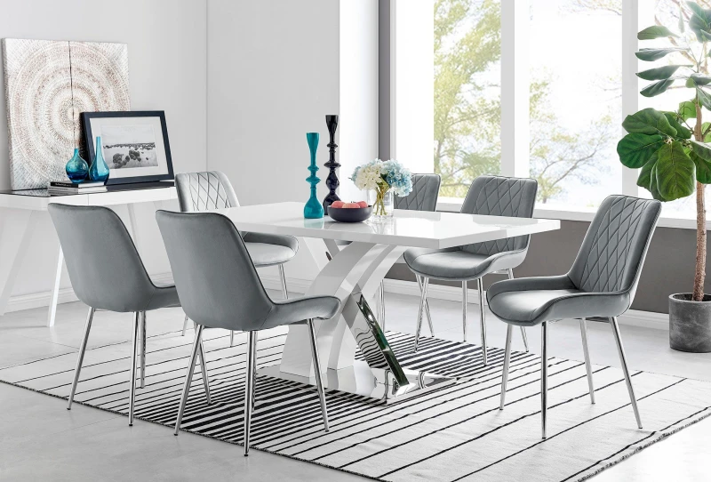 Image of FurnitureboxUK FurnitureboxUK Atlanta 6 White Dining Table and 6 Pesaro Silver Leg Chairs in Grey Grey One Size Unisex 5056542652851