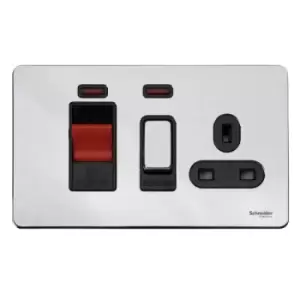 Image of Schneider USFP 45A Cooker Switch With 13A Socket & Neon Black Insert Polished Chrome - GU4401BPC