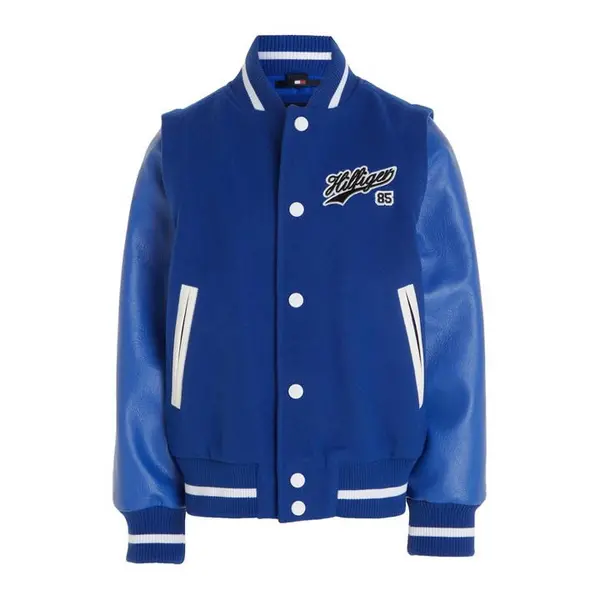 Image of Tommy Hilfiger Varsity Zip-Off Sleeves Script Back Logo Bomber Jacket Juniors - Blue One Size