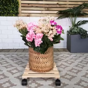 Image of 28cm Square Wooden Garden Plant Pot Flower Trolley Stand On Wheels