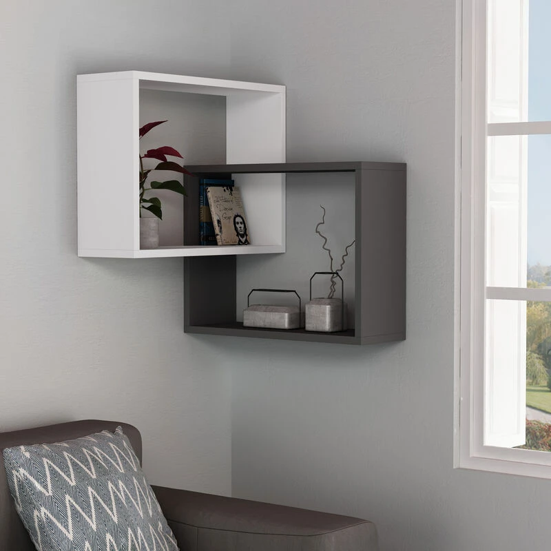 Image of DECORTIE Ring Corner Wall Mounted Modern Bookcase Display Unit White Anthracite Grey w 60cm Medium - White - Decortie M.KT.01.12705.8