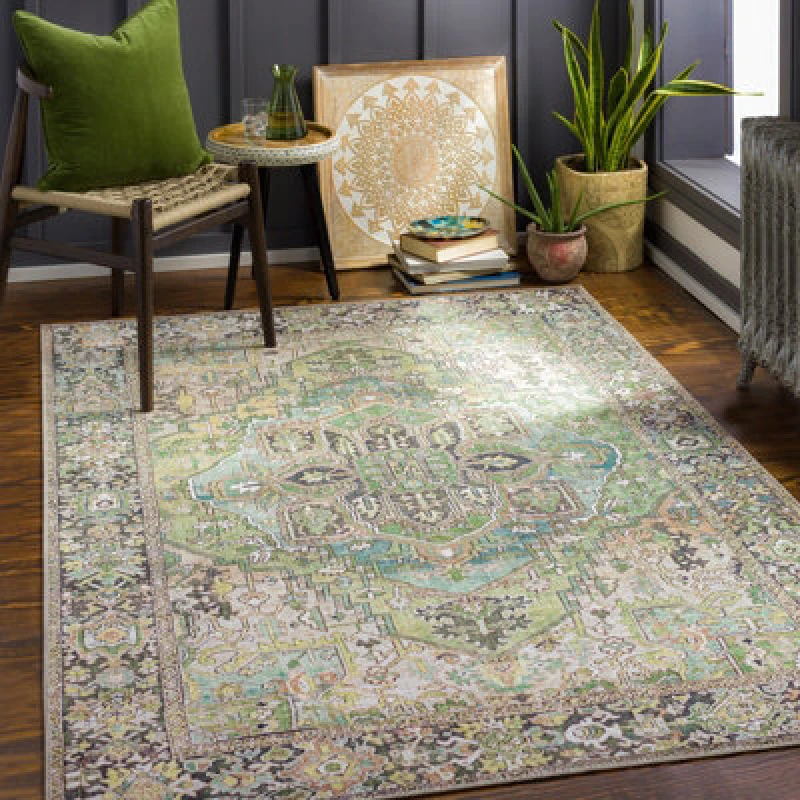 Image of Livabliss Vintage Oriental Boho Dark Green Viorica Area Rug 200 X 275cm - Easy Care, Non Shedding, Ideal For Living Room & Bedroom