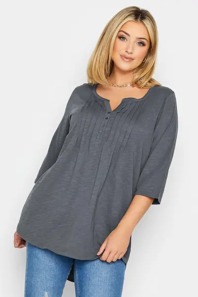 Image of Yours Pintuck Henley Cotton Top Grey