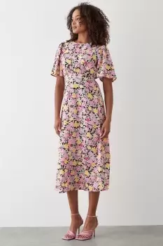 Image of Pink Floral Flutter Sleeve Shirred Waist Midi Dress