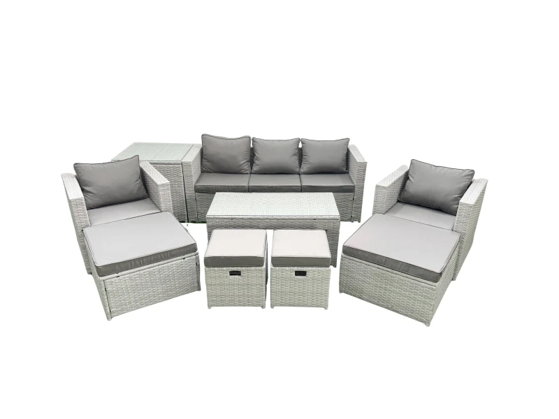 Image of Fimous Outdoor Rattan Garden Furniture Set with Grey Cushions Luxury 9 Seater with 2 Chairs and Coffee Table For Conservatory,Patio Light Grey