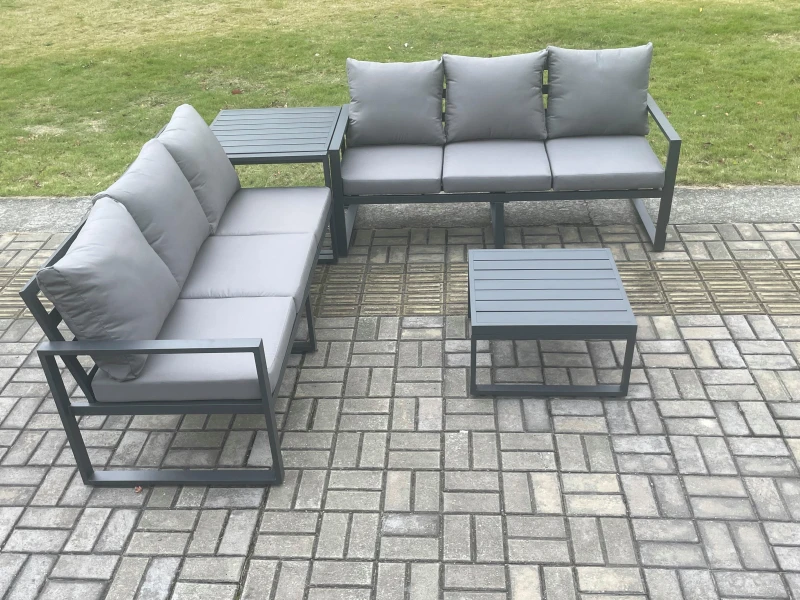 Image of Fimous Aluminium 4 Pieces Garden Furniture Sofa Set with Cushions 6 Seater Outdoor Patio Set with Square Coffee Table Side Table Dark Grey Dark Grey U
